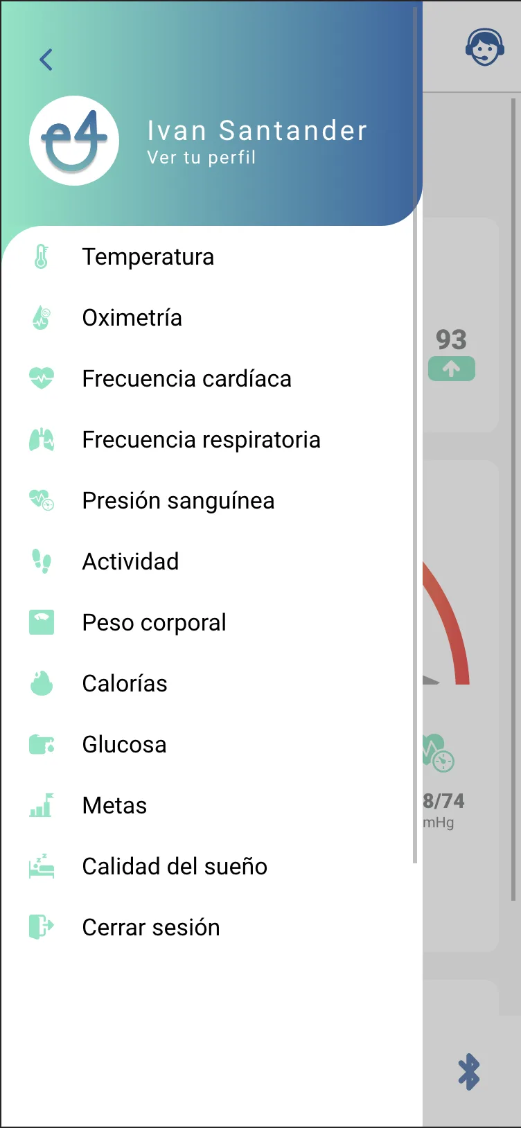 BE4CARE app — main screen